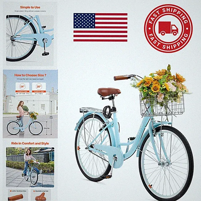 Comfortable Beach Cruiser Bike 26 Inch Light Blue with Large Capacity Basket